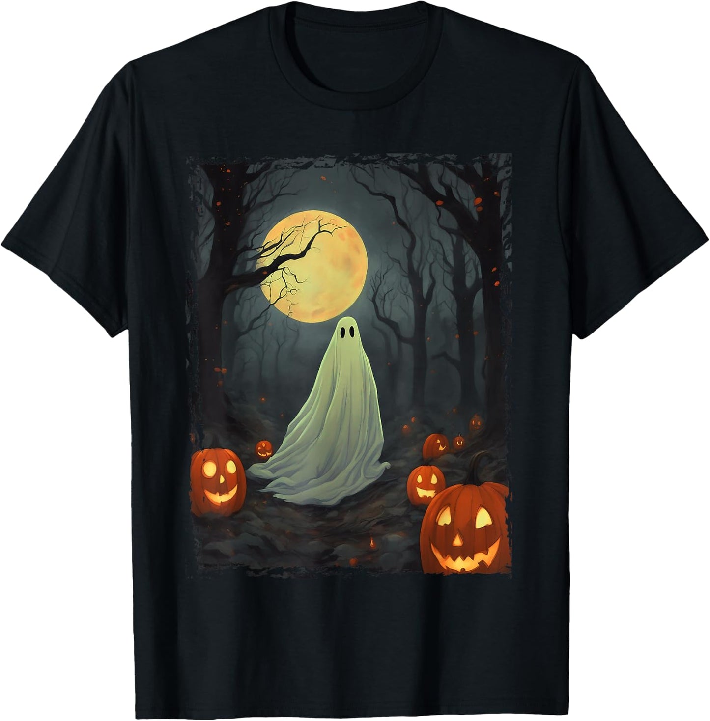 Vintage Ghost in Gothic Forest Full Moon Halloween T-Shirt - T-Shirt | Black