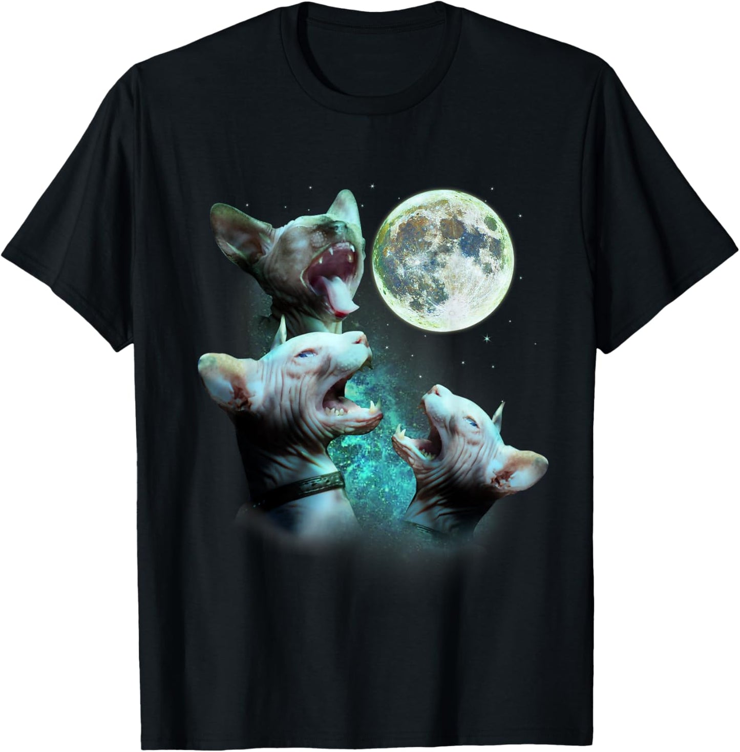Three Hairless Sphynx Cats Howl At Moon 3 Wolfs Funny Parody T-Shirt - T-Shirt | Black