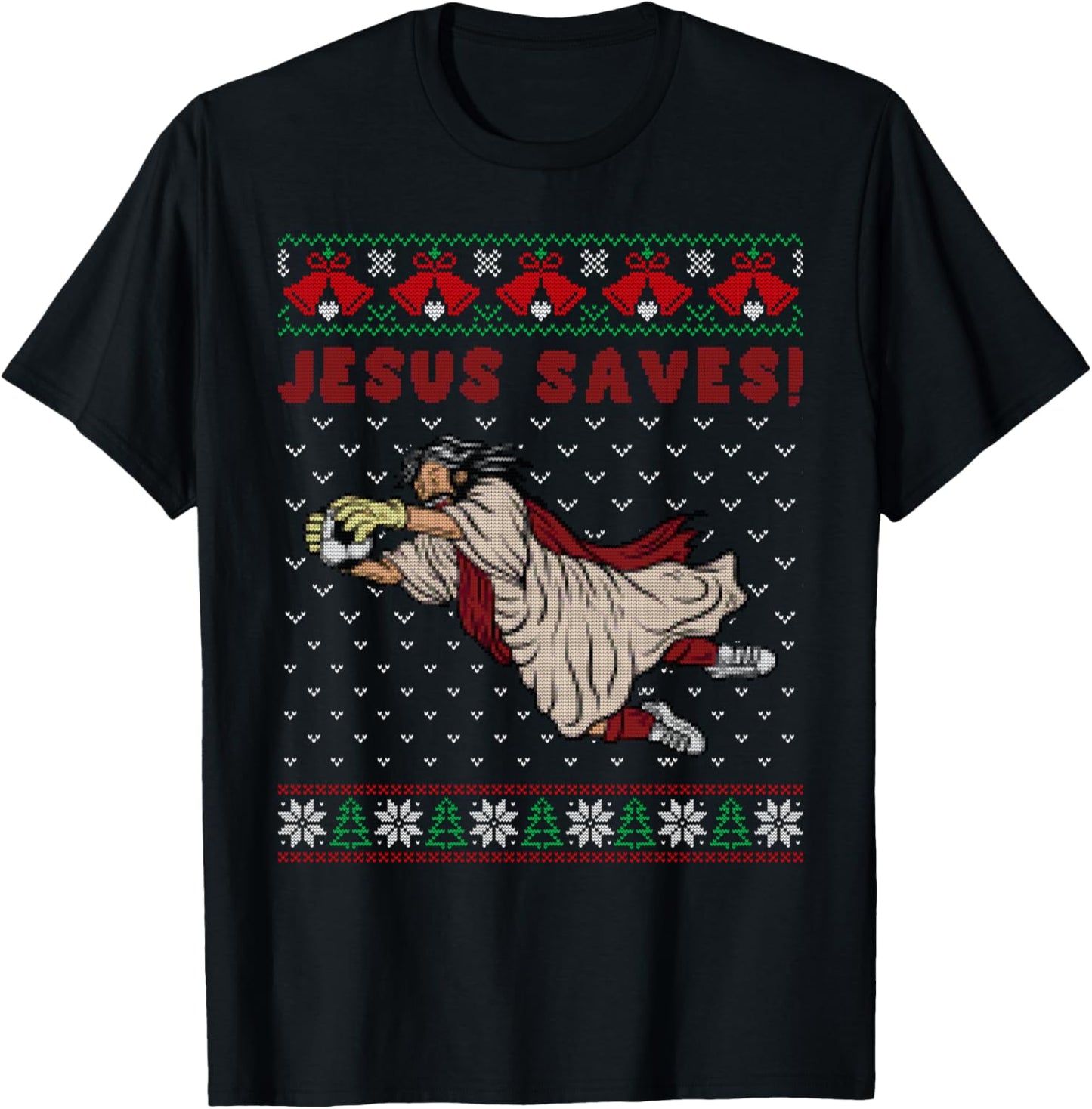 Jesus Saves Football Goalkeeper Goal Ugly Christmas Sweater T-Shirt - T-Shirt | Black