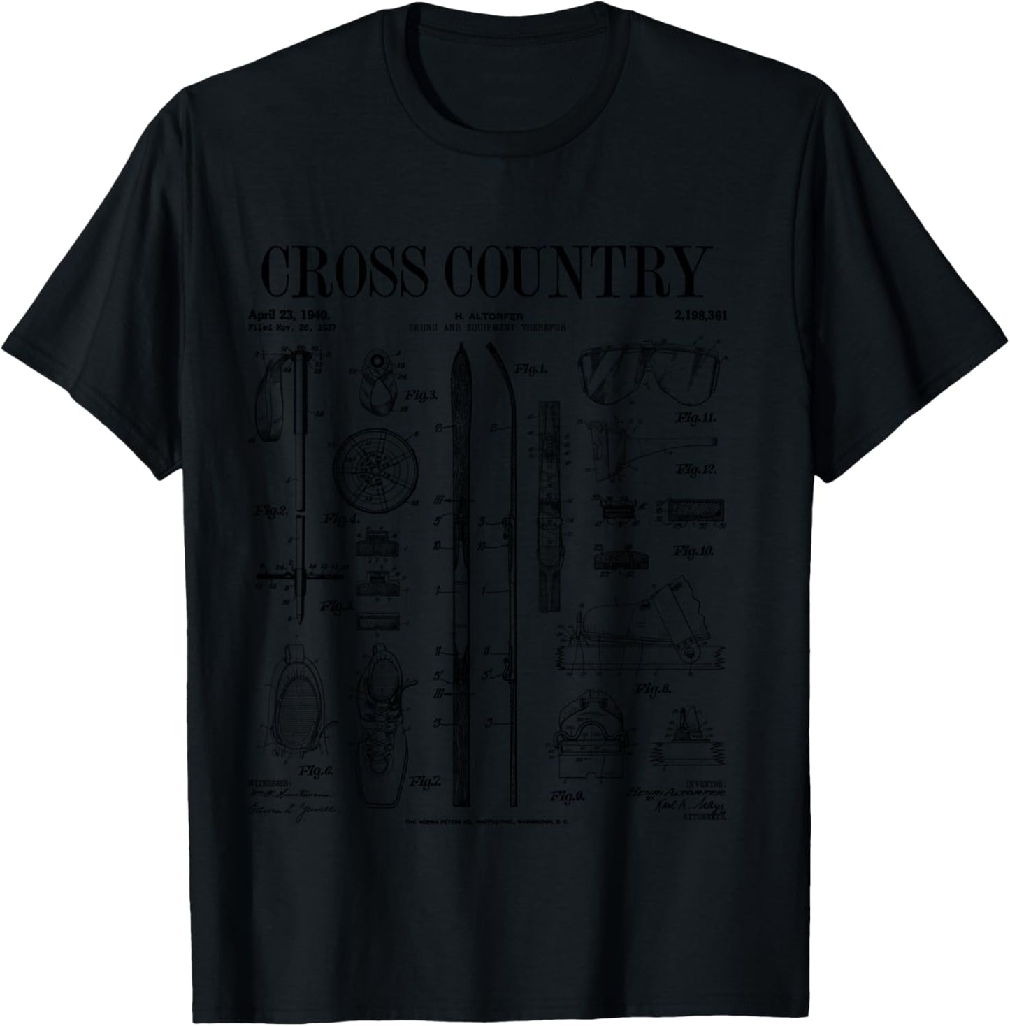 Cross Country Nordic Skiing Ski Vintage Patent Skier Print T-Shirt - T-Shirt | Black
