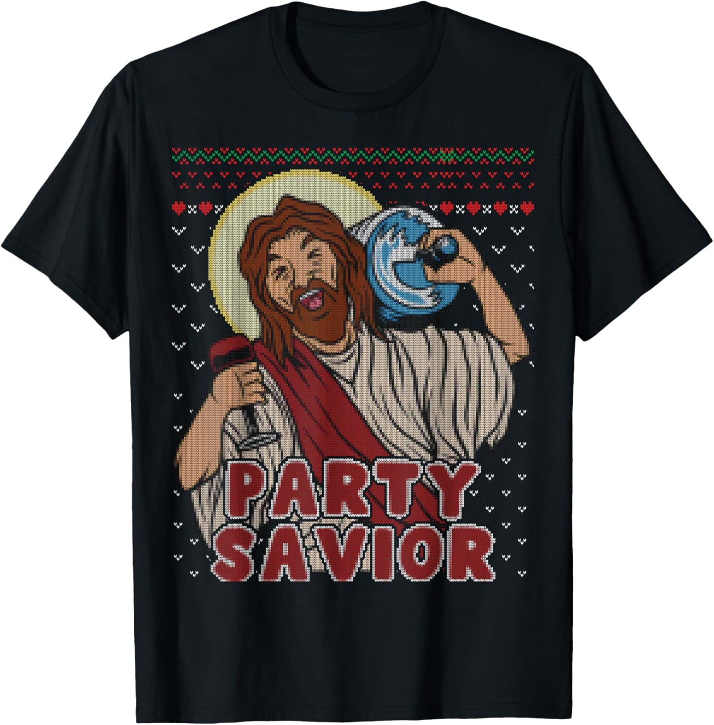 Party Savior Jesus Santa Claus Beer Ugly Christmas Sweater T-Shirt - T-Shirt | Black
