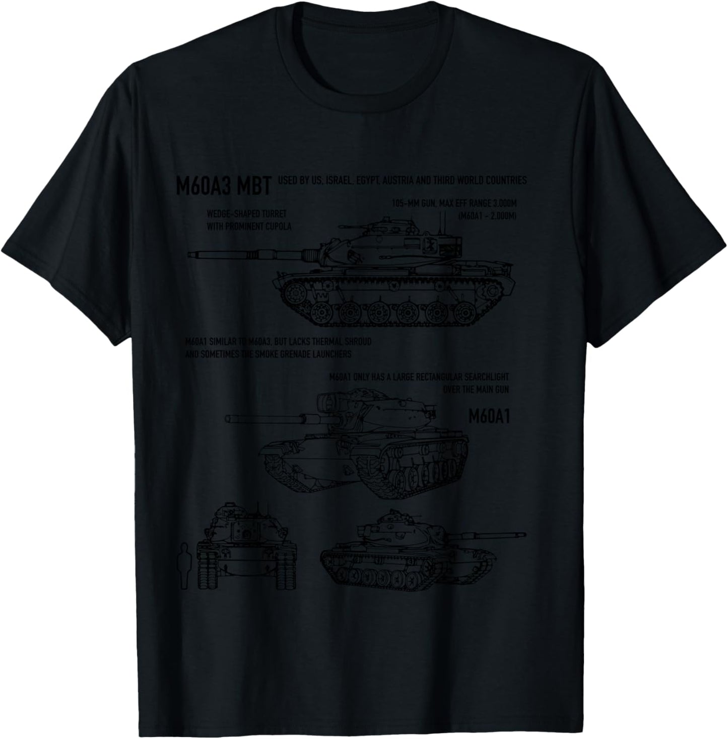 M60A3 Patton Military Tank Recognition Blueprints T-Shirt - T-Shirt | Black