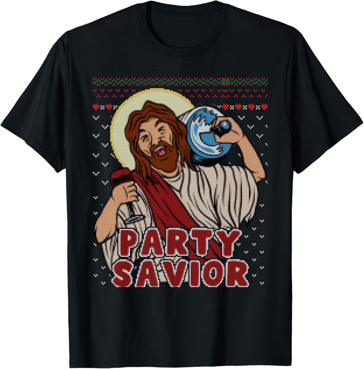 Party Savior Jesus Santa Claus Beer Ugly Christmas Sweater T-Shirt - T-Shirt | Black