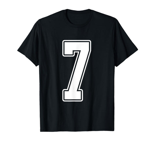 #7 White Outline Number 7 Sports Fan Jersey Style T-Shirt