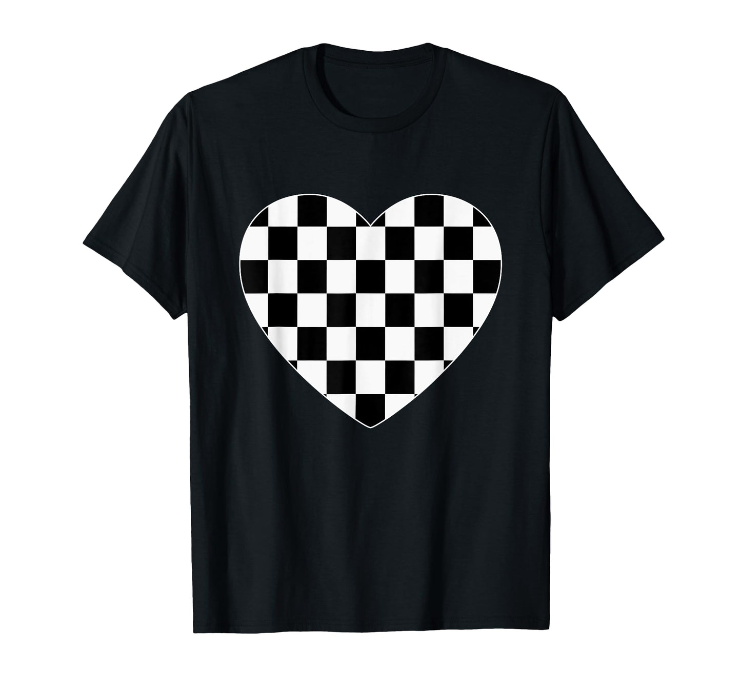 Checkered Love Heart Black White Cute Chess Game Women Men T-Shirt