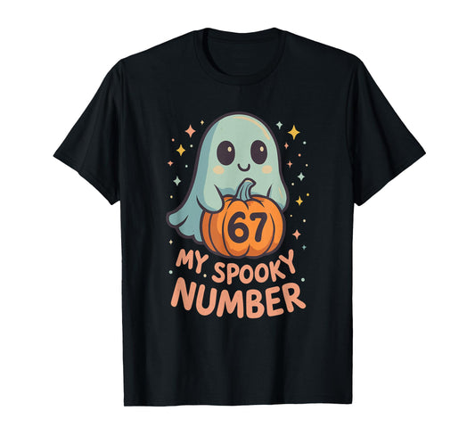 Cute Kawaii Ghost Pumpkin 67 Meme Funny Math Halloween Joke T-Shirt