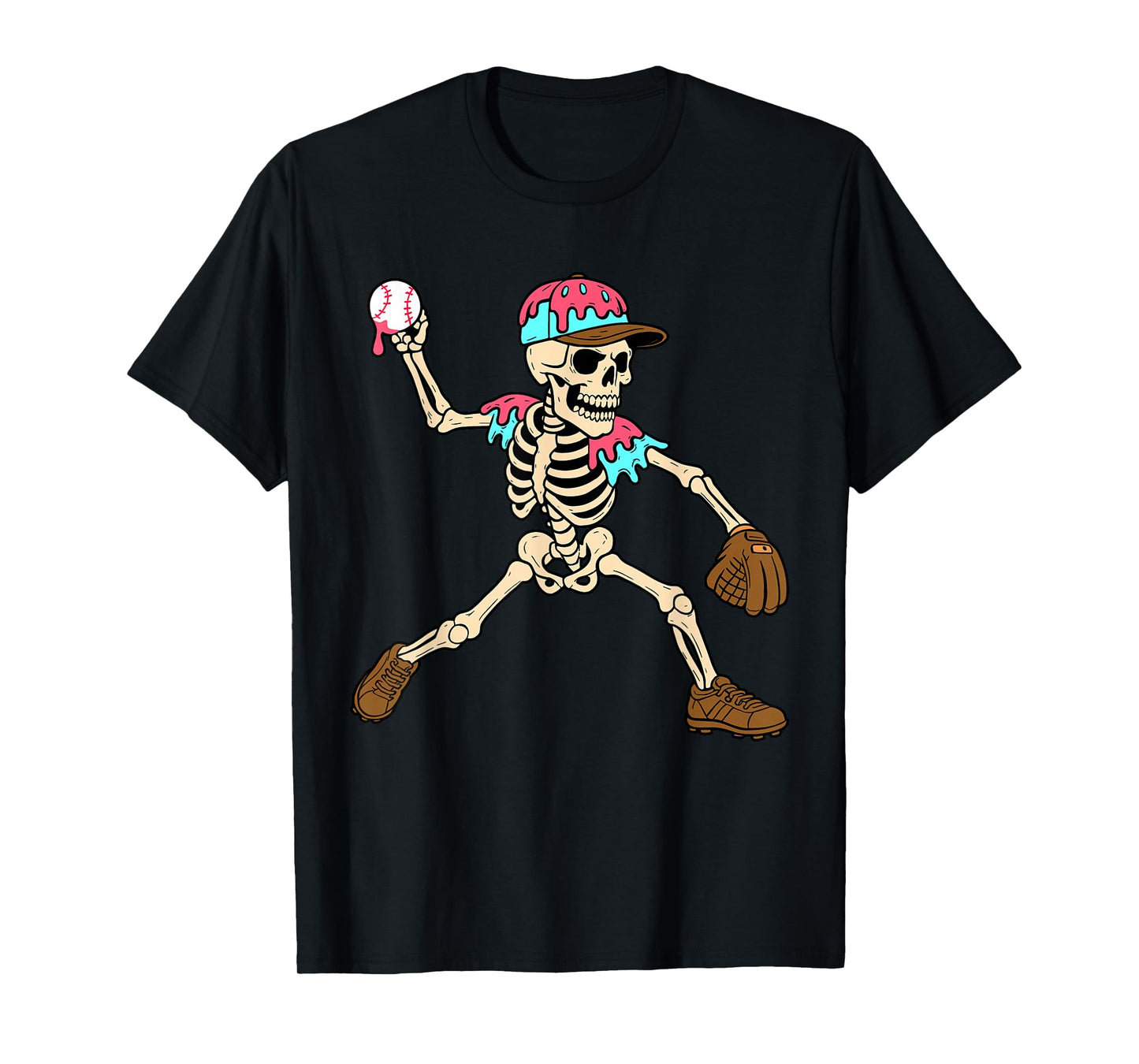 Skeleton Ice Cream Drip Baseball Sport Player Halloween T-Shirt