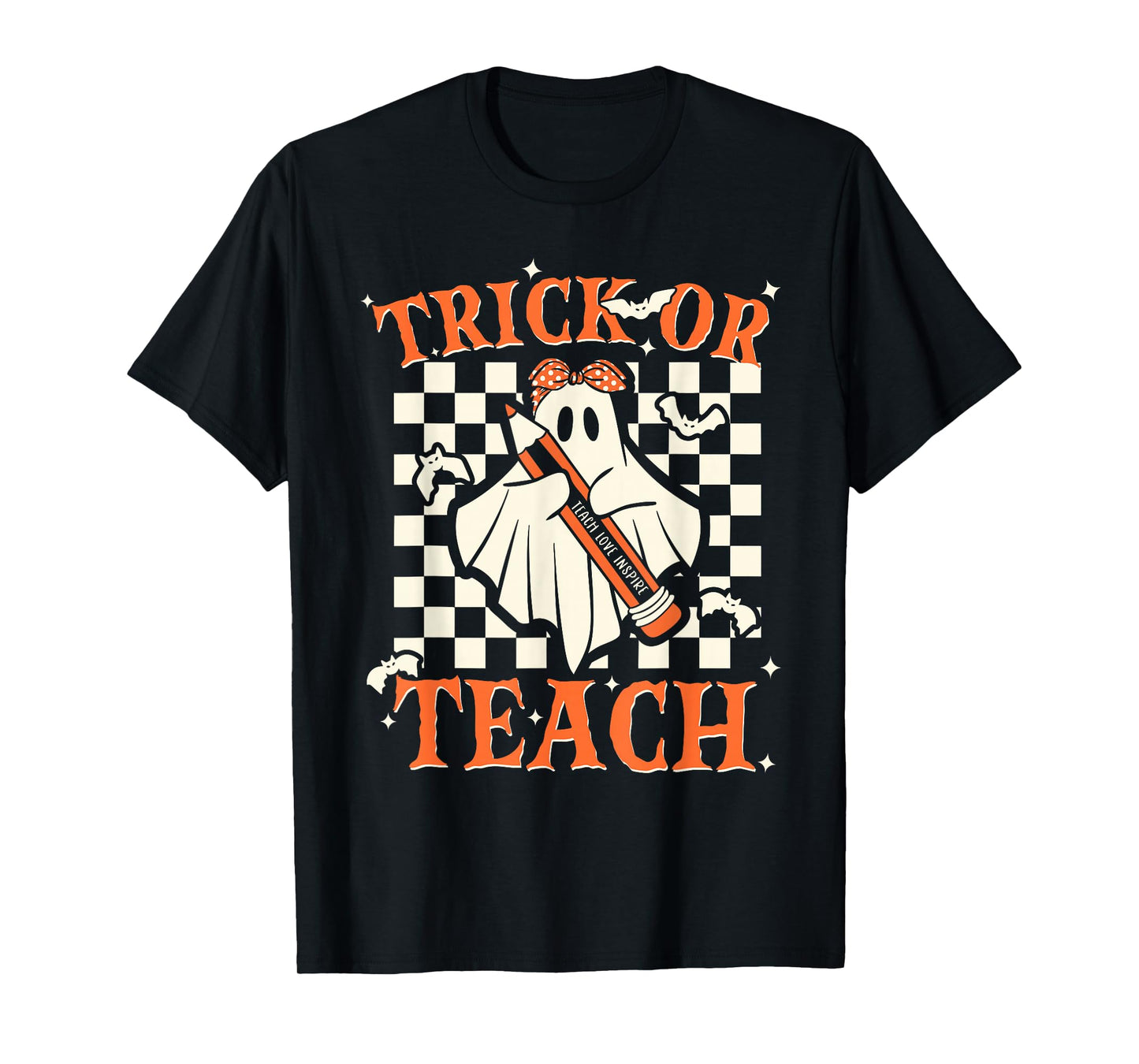 Trick Or Teach Groovy Teacher Halloween Retro Floral Ghost T-Shirt