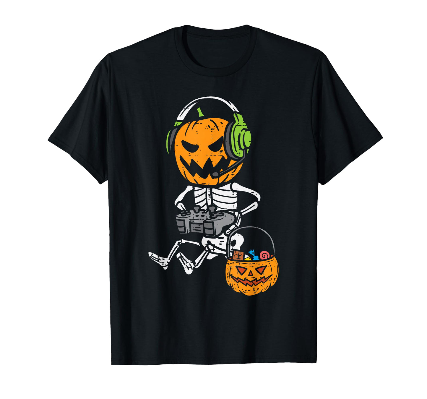 Gamer Pumpkin Skeleton Funny Halloween Gaming Boys Men Kids T-Shirt