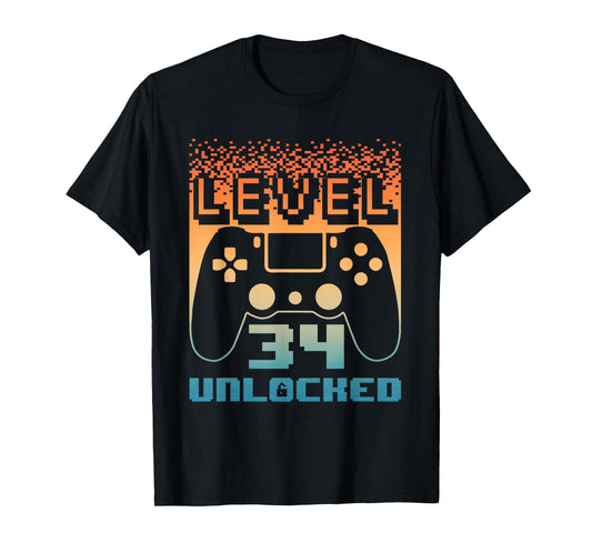34th Birthday For Men Level 34 Unlocked Gamer 34 Year Old T-Shirt