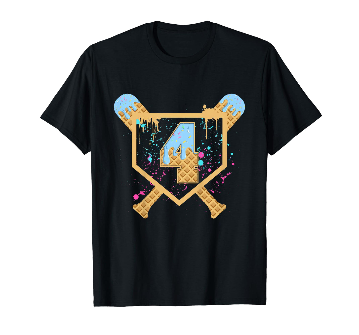 Kids Baseball 4 Year Old Ice Cream Drip 4th Birthday Boy Number 4 T-Shirt