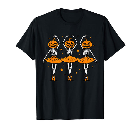 Cute Ballet Pumpkin Skeleton Halloween Costume Women Girl T-Shirt