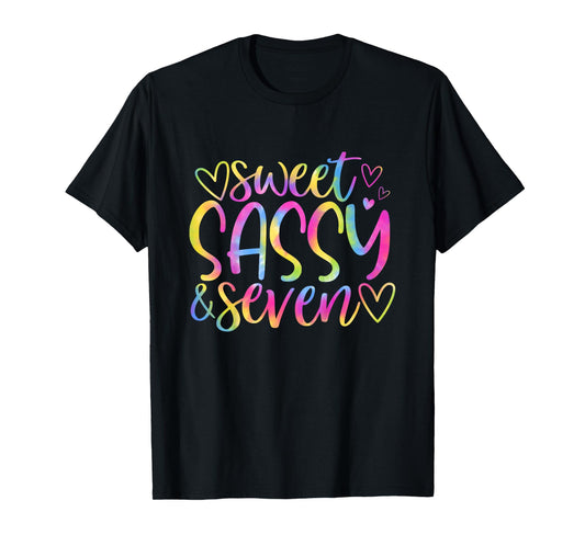 7th Birthday Sweet Sassy and Seven Girls 7 Years Old Tie Dye T-Shirt