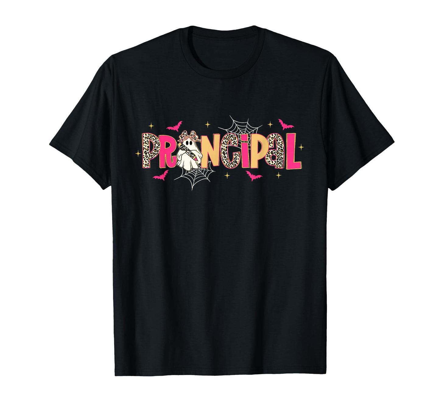 Principal Ghost Pencil Bow Leopard Funny Halloween Costumes T-Shirt