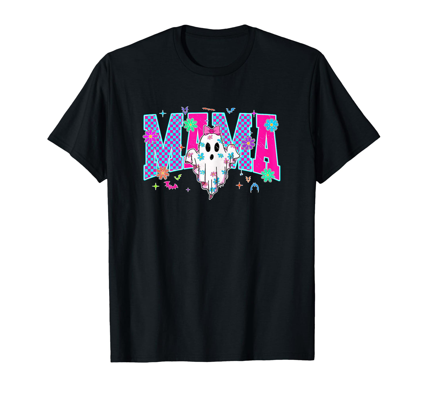 Neon Checkered Halloween Ghost Mama Costume Mommy Halloween T-Shirt