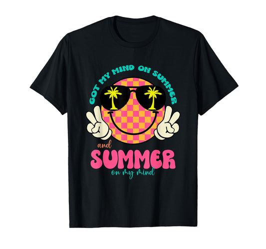 Groovy Happy Face Summer Vibes Got My Mind On Summer Teacher T-Shirt