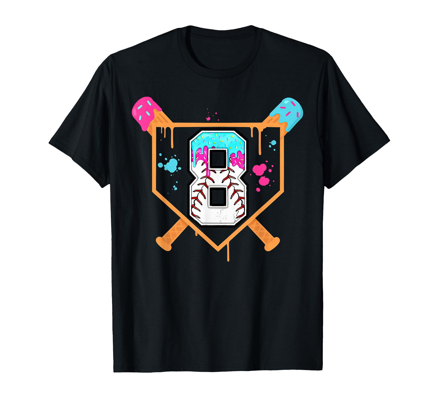 Baseball 8th Birthday Ice Cream Drip 8 Year Old Birthday Boy T-Shirt