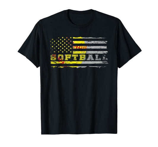 American flag softball fan Team Distressed Gift Women Girls Kids Men T-Shirt