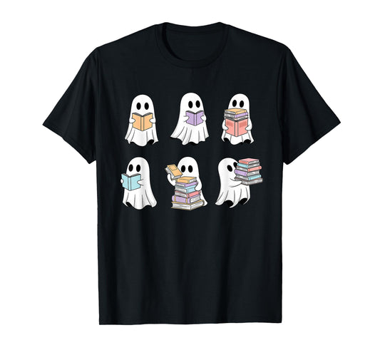 Cute Boo Ghost Reading Books Halloween Librarian Teacher Kid T-Shirt