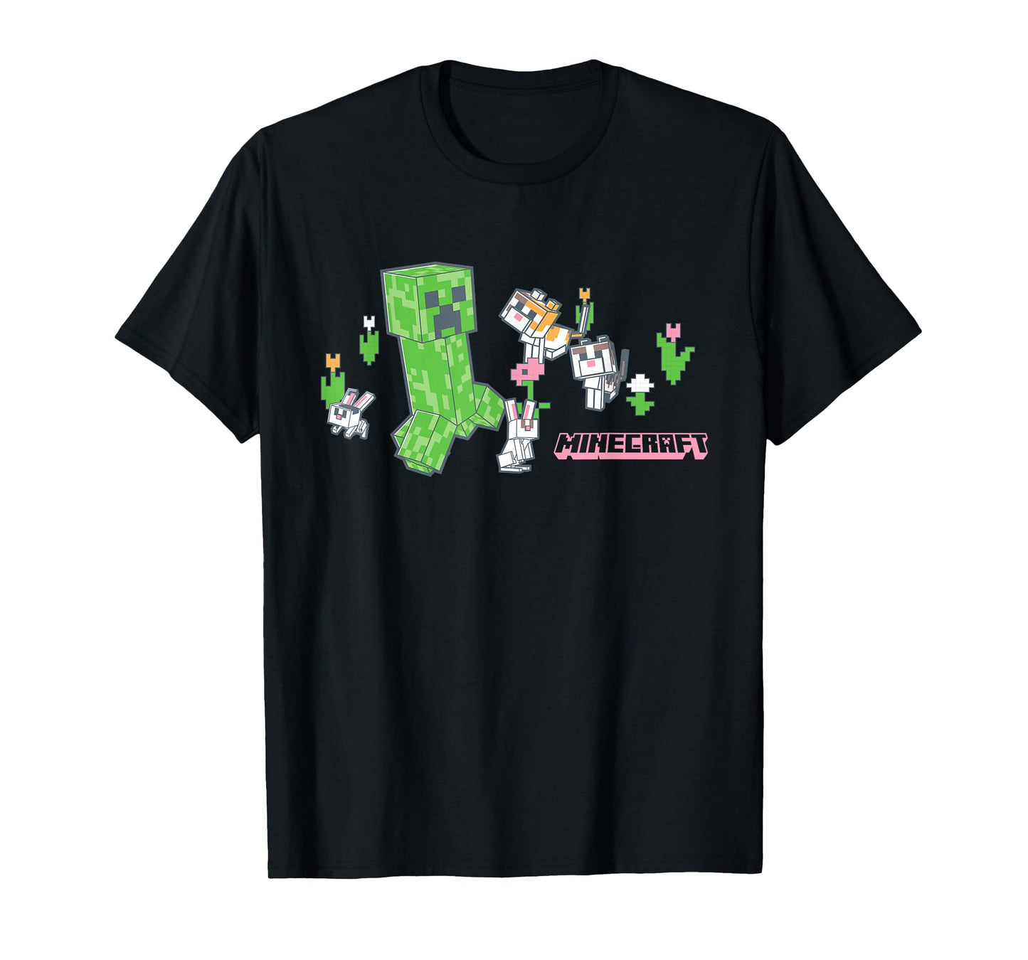Minecraft Creeper With Bunnies And Cats Pixel Garden T-Shirt