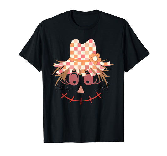 Cute Scarecrow Face Halloween Checkerboard Thanksgiving T-Shirt