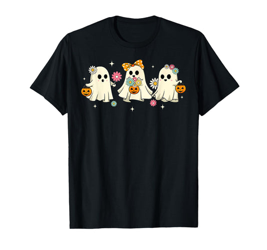 Cute Ghost Groovy Vintage Halloween Spooky Season Floral T-Shirt