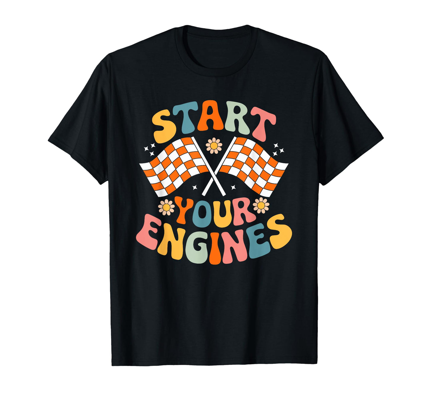 Groovy Start Your Engines Retro Checkered Flag Race Car T-Shirt