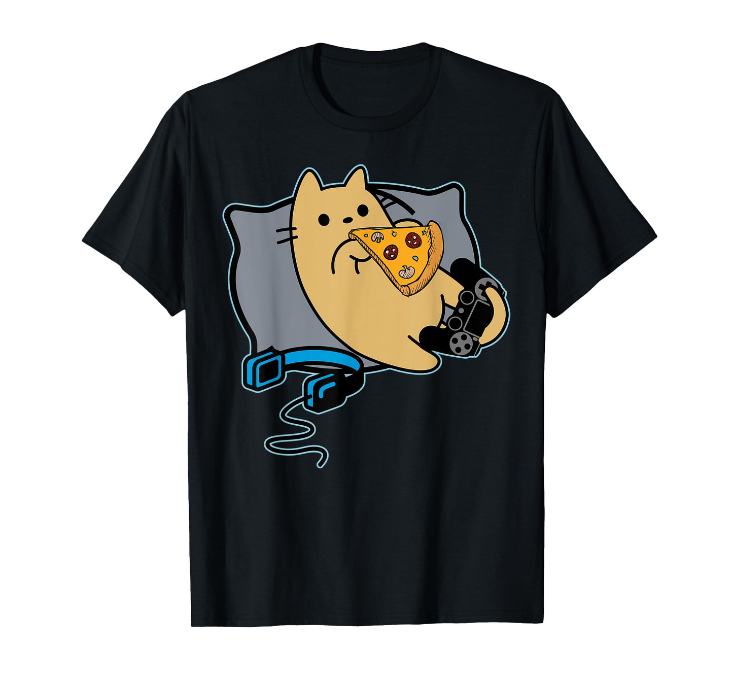 Nerdy Pizza Eating Gamer Cat Game Paused T-Shirt