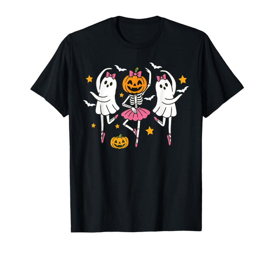 Cute Halloween Girls Ghost Ballet Women Skeleton Ballerina T-Shirt