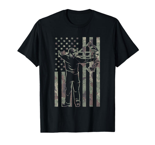 Archery Bow Hunter Deer Bow Hunting Vintage Camo US Flag T-Shirt