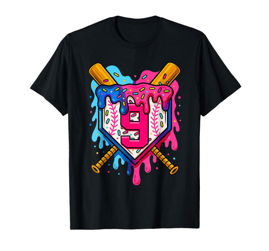 9th Baseball Birthday Ice Cream Drip Boys Girls 9 Years T-Shirt