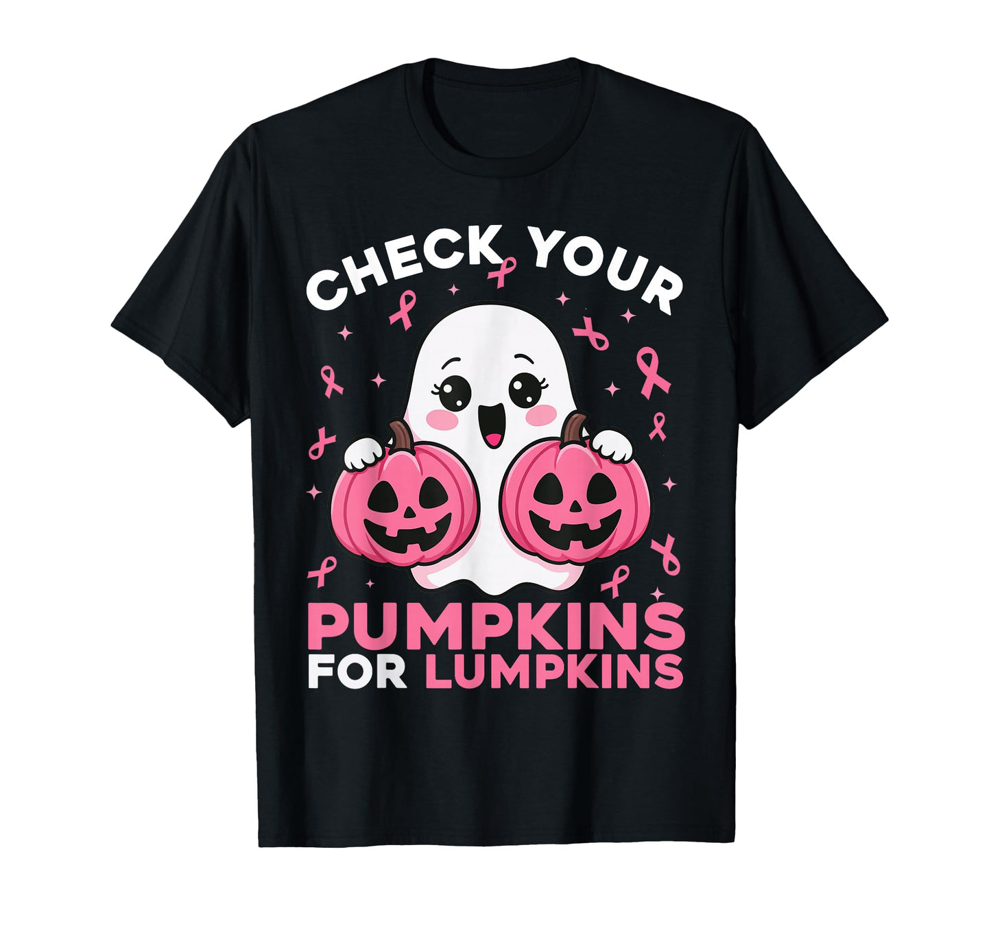 Check Your Pumpkins Ghost Breast Cancer Ribbon Halloween T-Shirt
