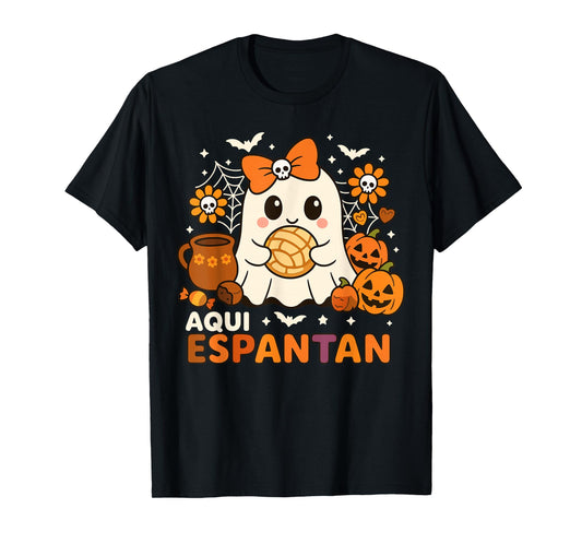 Aqui Espantan Cute Ghost Pan de Muerto Mexican Halloween T-Shirt