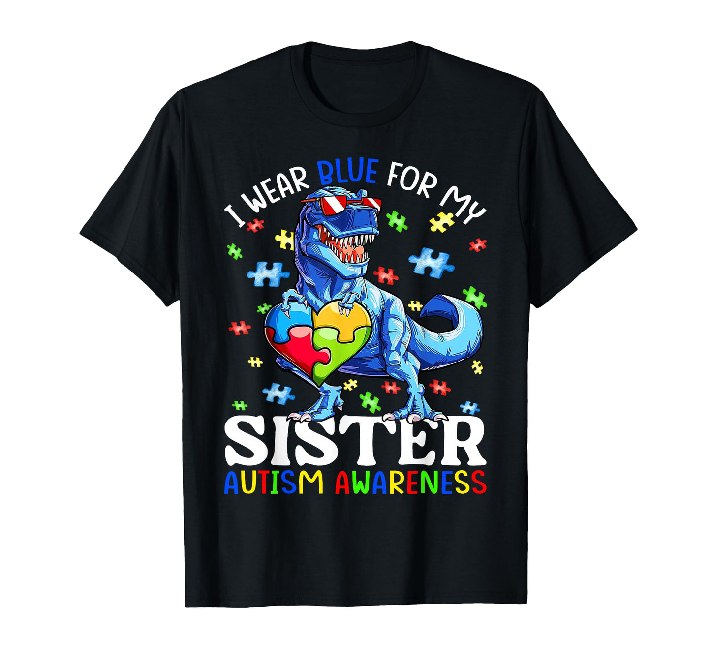I Wear Blue For My Sister Autism Awareness Dinosaur Boys T-Shirt