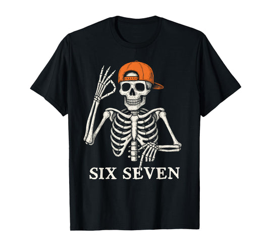 6 7 Meme Gen Alpha Halloween Skeleton Hands Sign Six Seven T-Shirt