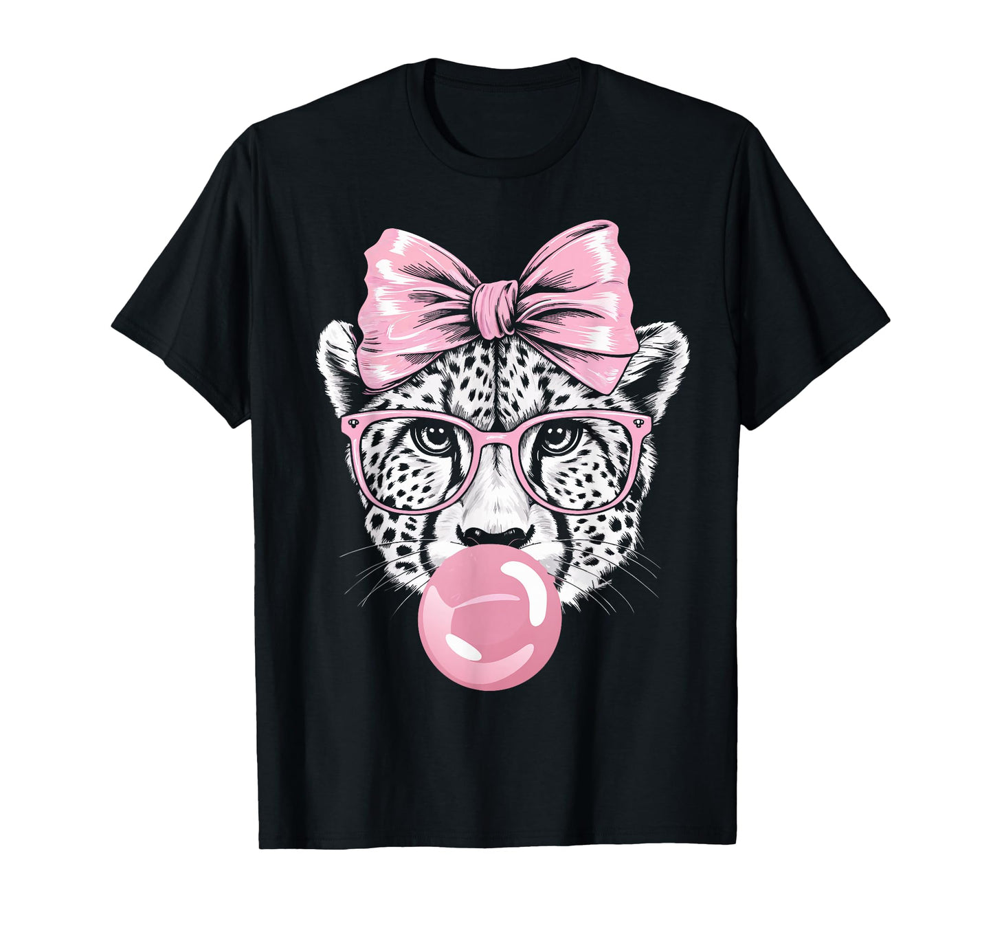 Cheetah Wearing Glasses and Blowing Pink Bubble Gum T-Shirt