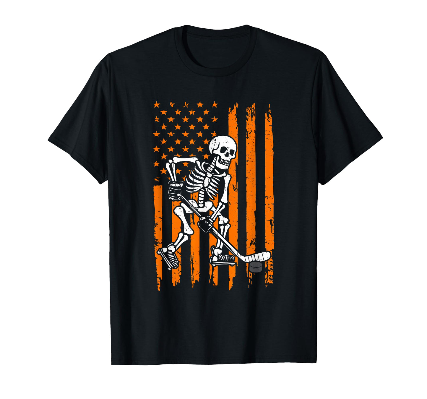 Retro Skeleton Playing Hockey USA Flag Halloween Boys Kids T-Shirt