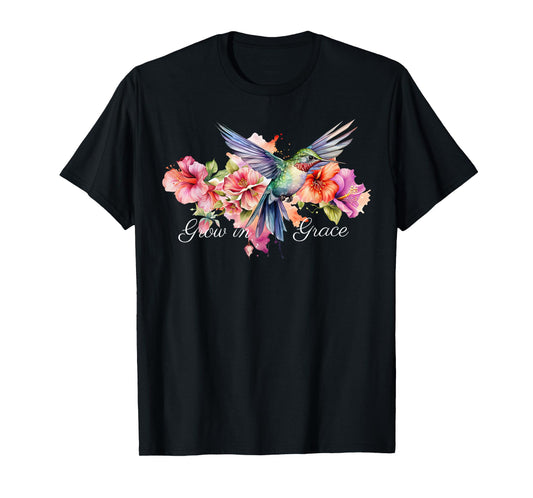 Grow In Grace Flower Hummingbird Christian Bible Verse T-Shirt
