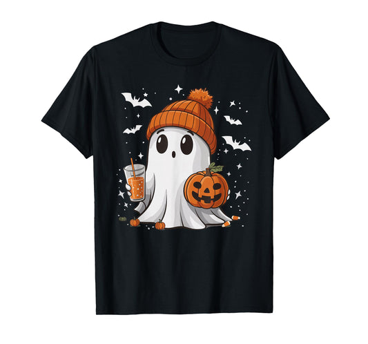 Cute Halloween Ghost with Pumpkin Spice Drink Spooky Season T-Shirt