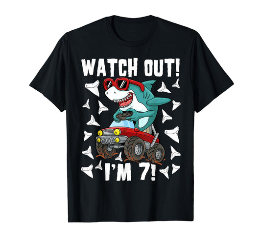 7 Years Old 7th Birthday Shark Boy Girl Monster Truck Gamer T-Shirt