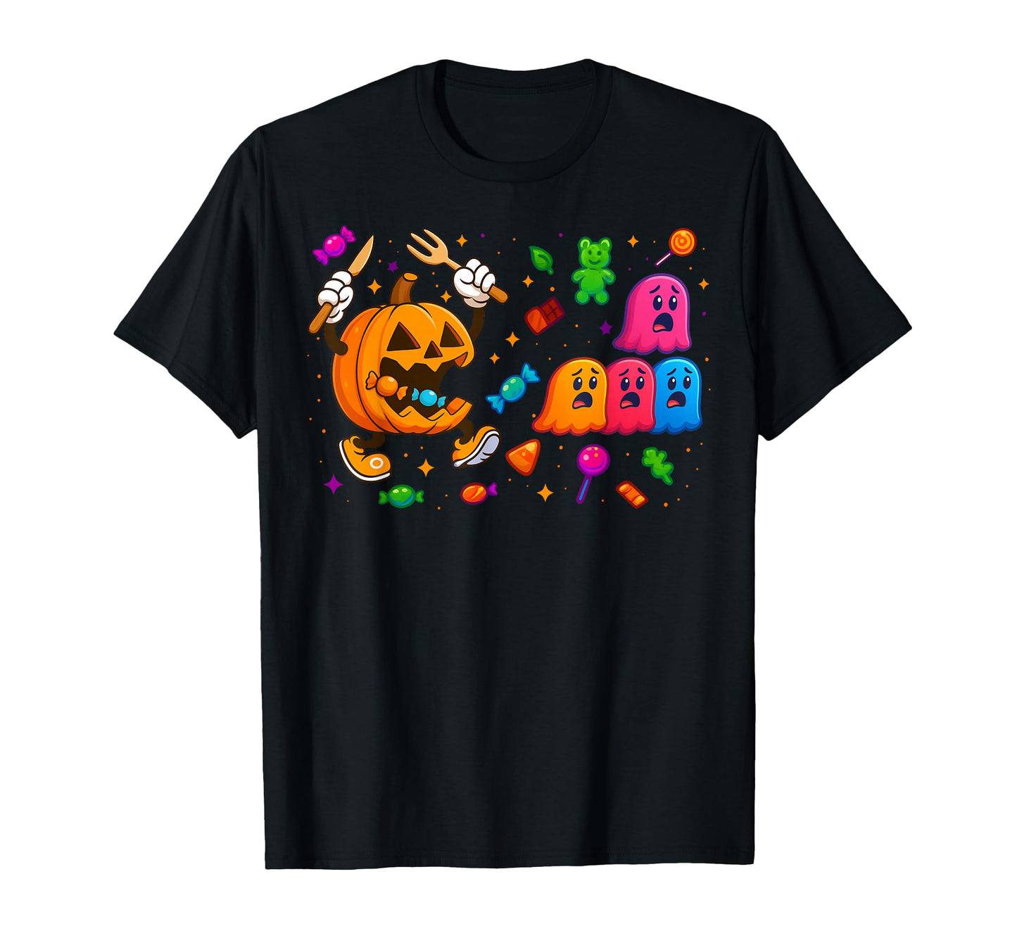 Gamer Pumpkin Eating Ghost Halloween Costume Men Boys Kids T-Shirt