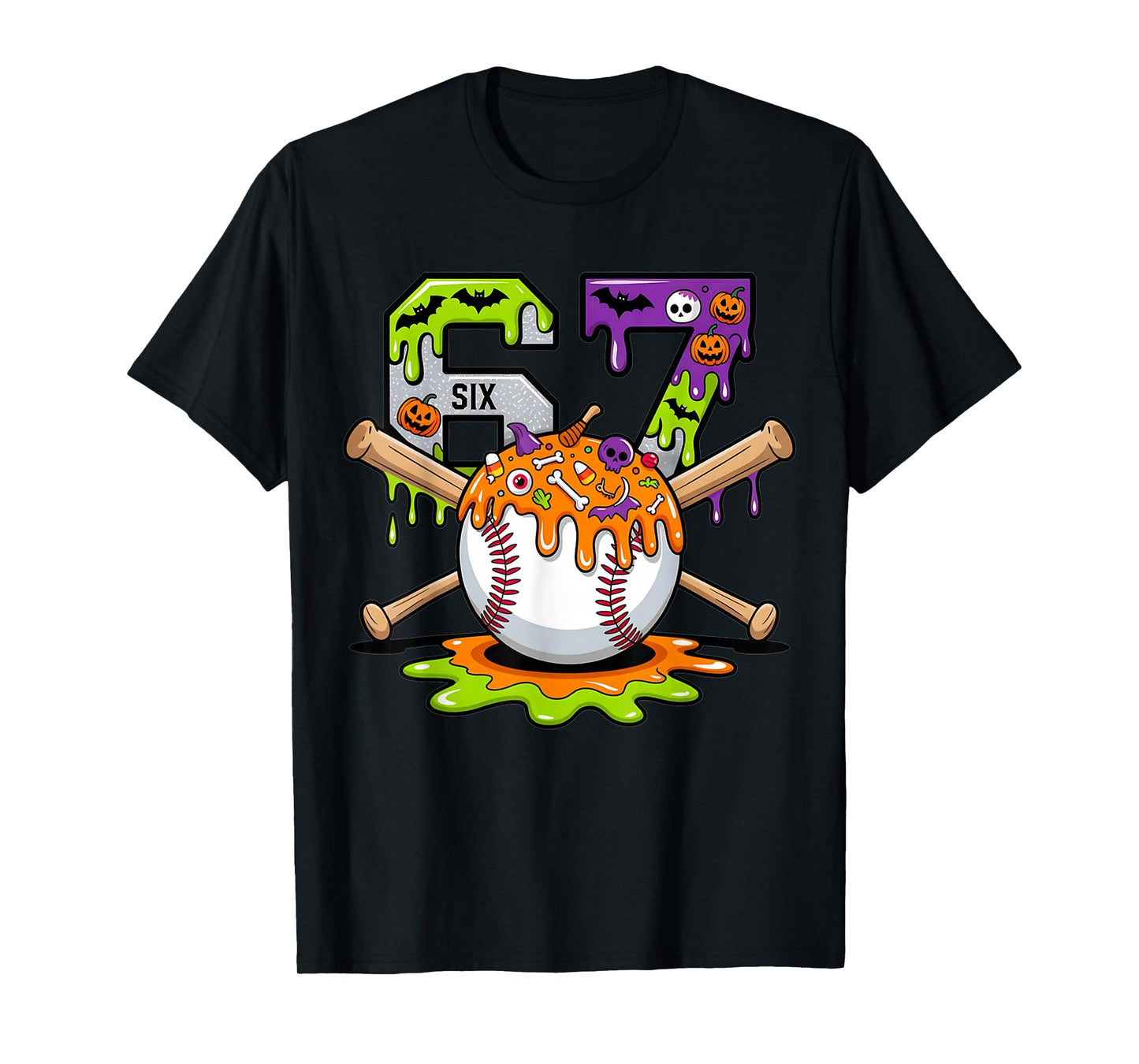 Spooky Halloween Baseball Ice Cream Dripping Six Seven 6 7 T-Shirt