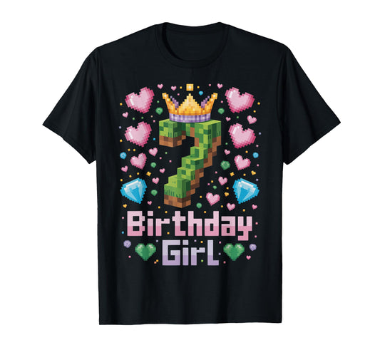7th Birthday Girl Shirt Gaming Pixel Number Party 7 Year Old T-Shirt