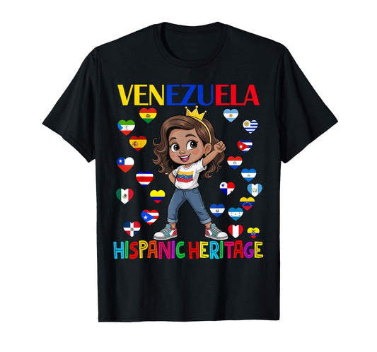 Cute Girl Hispanic Heritage Month Venezuela Flag Kids T-Shirt