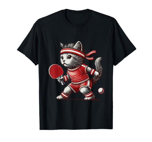 Cute Cat Table Tennis Vintage Retro Player T-Shirt for Men Women Girls Kids