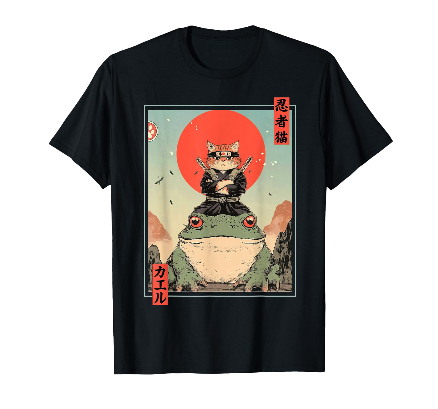 Japanese Ninja Cat and Frog Retro Anime Style Graphic T-Shirt