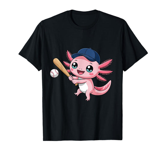 Cute Axolotl Playing Baseball Kid Kawaii Anime Axolotl T-Shirt
