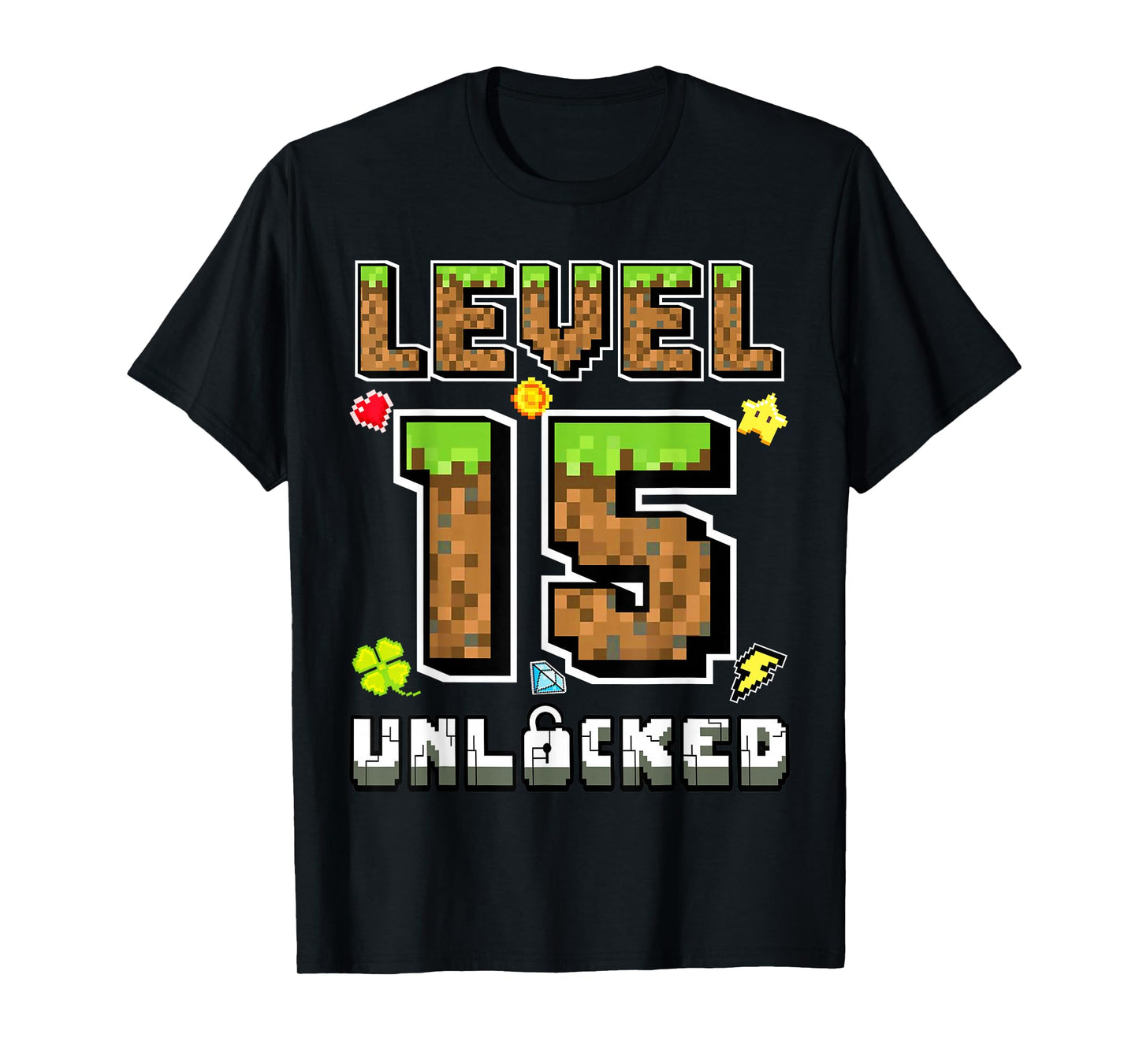 Level 15 Unlocked Birthday 15th Years Bday Gamer Pixel Boy T-Shirt