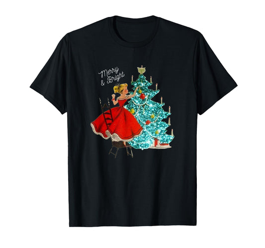 Cute Vintage Merry and Bright Girl Decorating Christmas Tree T-Shirt