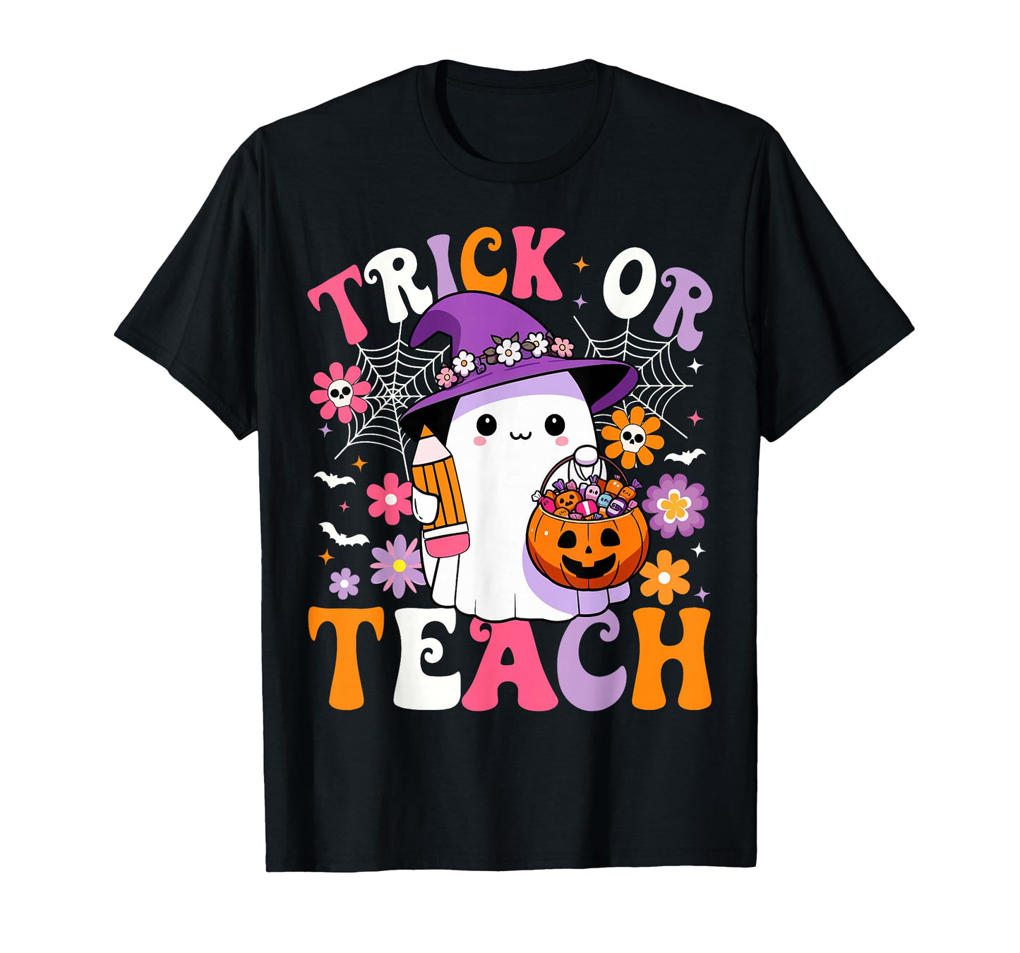 Trick Or Teach Teacher Groovy Ghost Funny Halloween Teacher T-Shirt